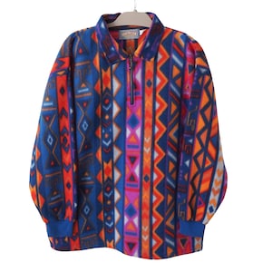 Vintage Fleece Sweater 1/4 Zip Collared Size L multicolor abstract patten 90s