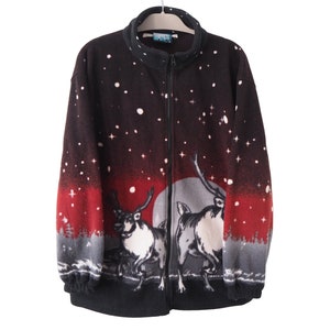 Vintage Deer Print Fleece Sweater Full Zip Size L nature wild animal pattern jacket
