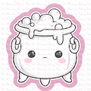 May include: A white cartoon cauldron with a grey outline, featuring a bubbly liquid overflowing from the top, two side handles, three small feet, two black circular eyes, and two pink circular cheeks, set against a pink scalloped background.
