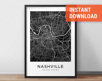 Nashville Map Print, Nashville Map Download, City Map Nashville, Nashville Street Map, Nashville Poster, Nashville Wall Art, Black White Map
