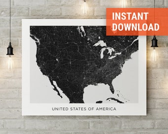 USA map poster print download, United States street map, USA wall art, black and white map