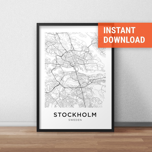 Stockholm Map Print, Stockholm Map Download, City Map Stockholm, Stockholm Street Map, Stockholm Poster, Wall Art, Black And White City Map