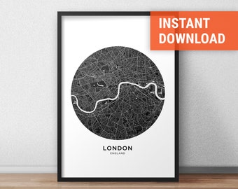 London Map Print, London Map Download, Circle City Map London, London Street Map, London Poster, London Wall Art, Black And White City Map