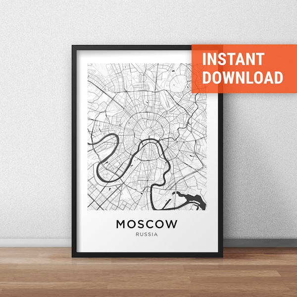 Moscow Map Print, Moscow Map Download, City Map Moscow, Moscow Street Map, Moscow Poster, Moscow Wall Art, Black And White Map, Wall Decor