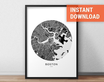 Boston Map Print, Boston Map Download, Circle City Map Boston, Boston Street Map, Boston Poster, Boston Wall Art, Black And White City Map