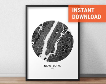 New York Map Print, New York Map Download, Circle City Map New York, New York Street Map, New York Poster, Wall Art, Black And White Map
