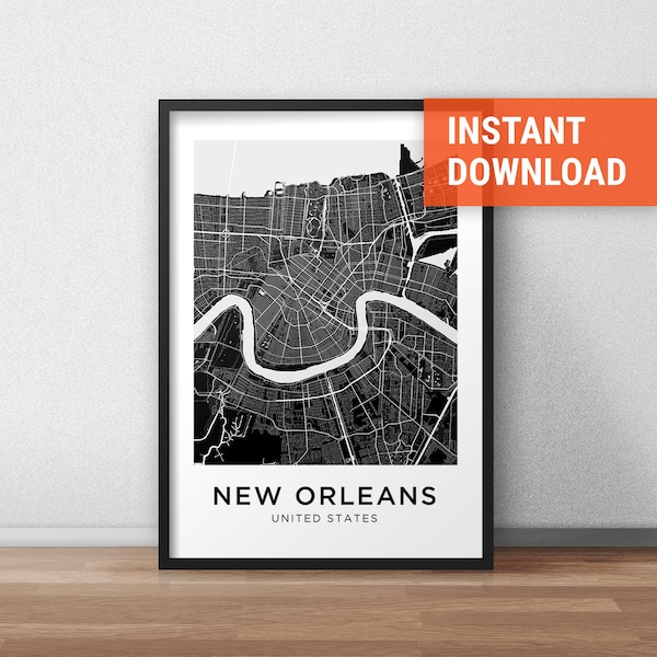 New Orleans Map Print, New Orleans Map Download, City Map New Orleans, New Orleans Street Map, New Orleans Poster, Wall Art, Black White Map