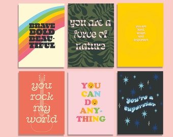 set of 6 words of encouragement postcards | A6 postivity postcard pack | motivational cards | Inspirational Quote cards | rainbow postcards