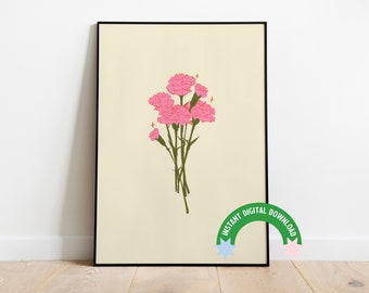 Digital Download Art | Carnation art print | January birth flower poster | 12x18 art print  | Blue Botanical Poster | Large art print |