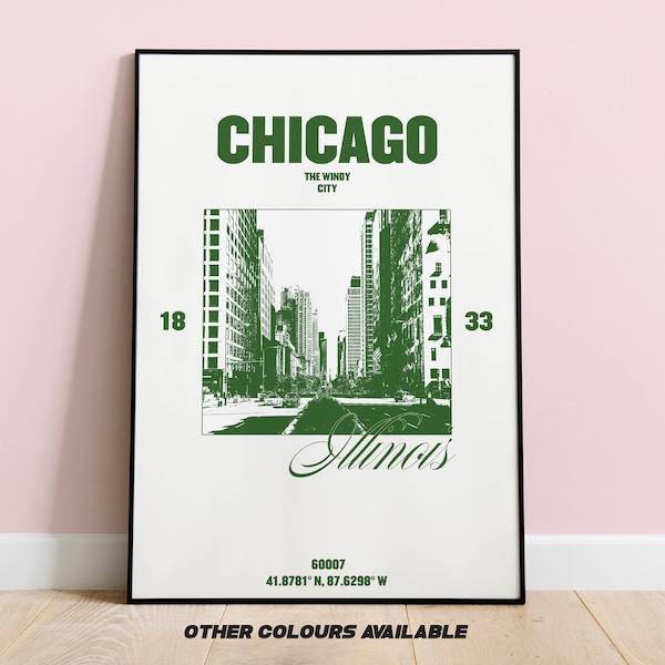 Chicago Poster | Chicago Illinois print | travel poster | Chicago Longitude | Chicago artwork | retro travel poster | Chicago art print