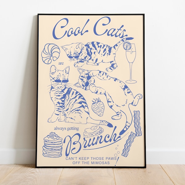 Cat Brunch Poster | Cat Art Print | Kitten Poster | Brunch Food Print | Funny Cat Print | Cute Kitten Art | Breakfast Print | Cat Home Decor