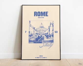 Rome-poster | Rome stadsdruk | reisposter | Lengtegraad Rome | Italië kunstwerk | retro reisposter | Italië kunstdruk