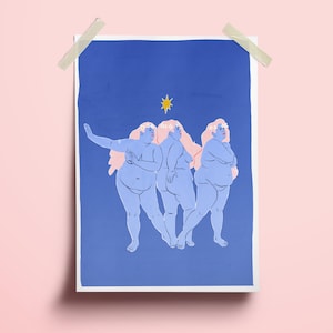 impressão feminista positiva do corpo de 3 musas | Ilustração positiva gorda | Diversidade corporal Impressão artística | Impressão grego da arte da deusa de <br> Entrega Rápida? Pôster Feminista