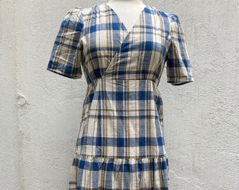 Vintage cotton checked dress in blue and cream