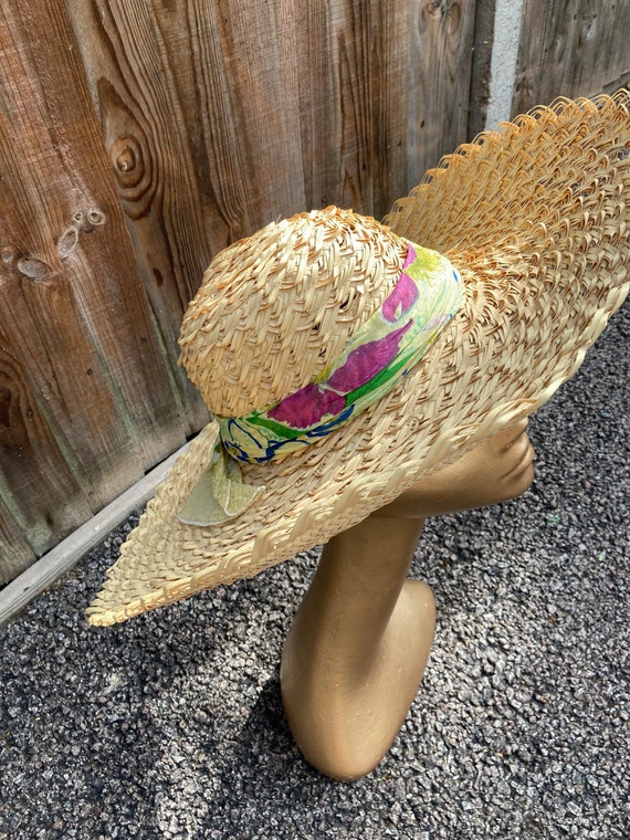 Vintage Straw Hat With Wide Brim and Yellow Floral Scarf  display picture 1