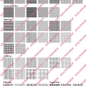 Peut inclure: Une collection de 36 motifs de points de tricot différents en noir et blanc. Les motifs sont disposés en grille.