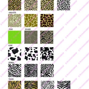 May include: A digital sheet of 12 different animal print patterns. The patterns include leopard, giraffe, fish, snake, cow, zebra, and tiger.