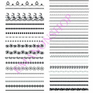 May include: A collection of 20 black and white decorative borders. The borders are made up of various patterns, including swirls, stars, flowers, and leaves.