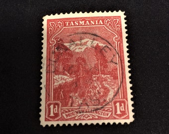 Tasmania Red 1d Australian stamp. Mount Wellington. Lightly Hinged. Round Postmark to Centre. Excellent Condition.