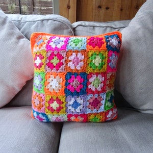 Bright Mini Granny Square Crocheted Cushion, Orange Multi Crocheted Cushion Cover with Cushion Insert, Bright Orange Cushion Cover for Sofa