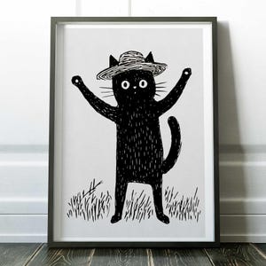 Black Cat Print, Funny Cat Art, Cat With Hat, Quirky Wall Decor, Minimal Illustration, Unique Gift For Cat Lovers, Home Poster
