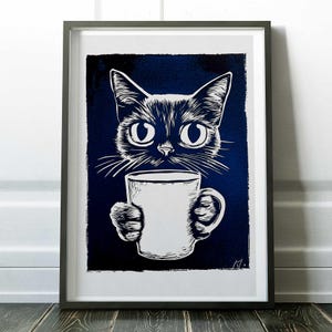 Coffee Cat Print, Funny Cat Art, Cat With Mug, Quirky Wall Decor, Cute Illustration, Kitchen Poster, Unique Cat Lover Gift
