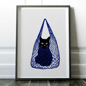 Black Cat Art, Cat In Bag Print, Funny Cat Print, Modern Wall Decor, Minimal Illustration, Quirky Gift For Cat Lovers