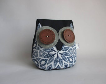 Blue Owl Doorstop, Shwe-Shwe Fabric, Owl Pattern Doorstop, Heavy Door Stopper, Navy & White, Geometric, Floor and Home Decor, Animal Bookend