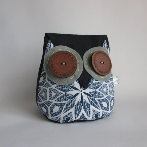 Blue Owl Doorstop, Shwe-Shwe Fabric, Owl Pattern Doorstop, Heavy Door Stopper, Navy & White, Geometric, Floor and Home Decor, Animal Bookend