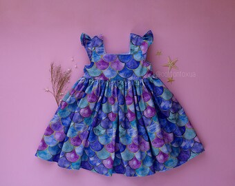 The Mermaid cotton Dress, Mermaid baby dress With Scales