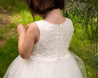 Boho White Lace and Tulle Flower Girl Dress, Romantic Toddler Wedding Gown, Rustic Crochet Bohemian