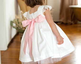 Milk Linen Flower Girl Dress: Boho Toddler Bridesmaid Dress with Blush Pink Bow