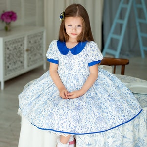Girls&#39; Chinoiserie Blue and White Dress, Easter dress, flower dress, egg hunt dress, floral dress, bunny dress, girls dress, toddler dress