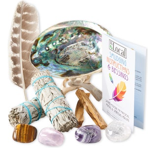 White Sage Smudge Kit + Feather, 2 Sage Bundles, 2 Palo Santo Sticks, Abalone Shell + Stand, Amethyst, Rose Quartz, Clear Quartz, Tigers Eye