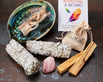 Sage Smudge Kit with 2 White Sage Bundles 4" inch, 2 Palo Santo Sticks, Abalone Shell 5-6" inch, Rose Quartz & Instructions | Smoke Cleanse