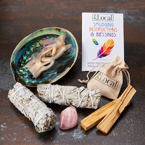 Sage Smudge Kit with 2 White Sage Bundles 4&quot; inch, 2 Palo Santo Sticks, Abalone Shell 5-6&quot; inch, Rose Quartz & Instructions | Smoke Cleanse