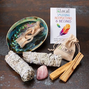 Sage Smudge Kit with 2 White Sage Bundles 4" inch, 2 Palo Santo Sticks, Abalone Shell 5-6" inch, Rose Quartz & Instructions | Smoke Cleanse