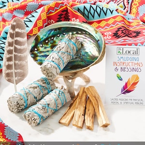 White Sage Smudge Kit with Feather, 3 Sage Bundles, 4 Palo Santo Sticks, Abalone Shell + Stand | Home Smoke Cleanse Kit | House Cleansing