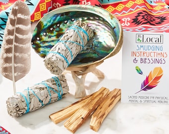 White Sage Smudge Kit with Feather, 2 Sage Bundles, 3 Palo Santo Sticks, Abalone Shell + Stand | Home Smoke Cleanse Kit | House Cleansing