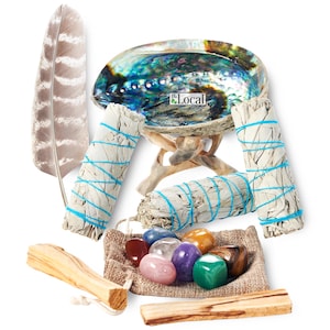 White Sage Smudge Kit + Feather, 3 Sage Bundles, 2 Palo Santo Sticks, Abalone Shell + Stand, 8 Chakra Healing Stones / Crystals For Smudging