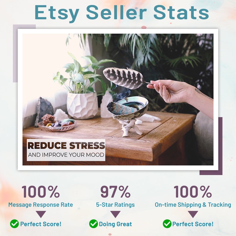 May include: Etsy seller stats showing a 100% message response rate, 97% 5-star ratings, and 100% on-time shipping and tracking. The image also includes a hand holding a sage smudge stick over a seashell smudge bowl, with the text "Reduce stress and improve your mood".