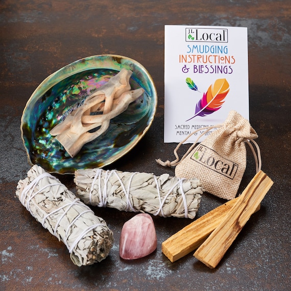 Sage Smudge Kit with 2 White Sage Bundles 4" inch, 2 Palo Santo Sticks, Abalone Shell 5-6" inch, Rose Quartz & Instructions | Smoke Cleanse