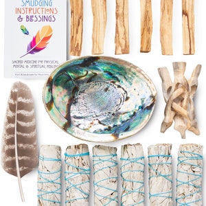 May include: A smudging kit containing white sage bundles, palo santo sticks, a feather, and an abalone shell. The kit also includes instructions and blessings.
