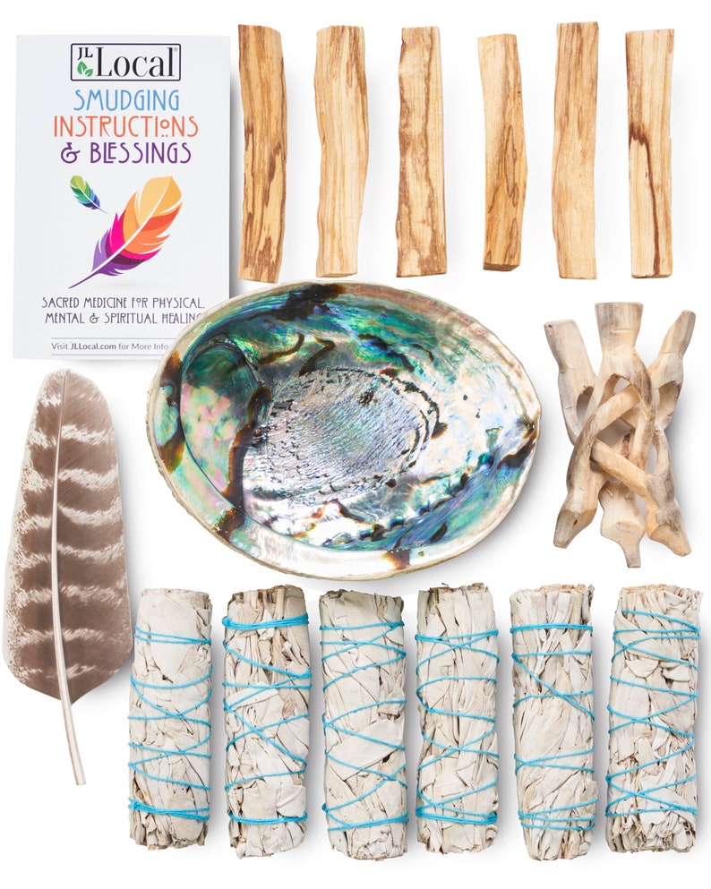 May include: A smudging kit containing white sage bundles, palo santo sticks, a feather, and an abalone shell. The kit also includes instructions and blessings.