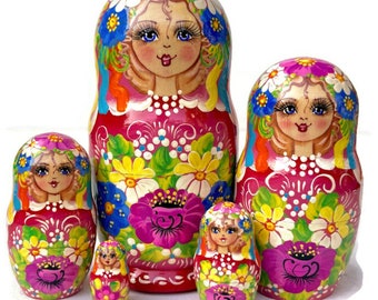 Ukrainian Nesting Dolls: Hand-Painted Masterpieces of Beauty, Blue Yellow Headband, Painted Stacking dolls, Perfect Gift Christmas Ukraine