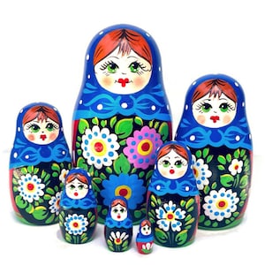 Magical Blue Babushka Nesting Doll Set, Hand-painted Flower Design, Perfect Gift for Imaginative Kids to Play & Treasure