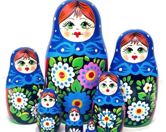 Magical Blue Babushka Nesting Doll Set, Hand-painted Flower Design, Perfect Gift for Imaginative Kids to Play & Treasure