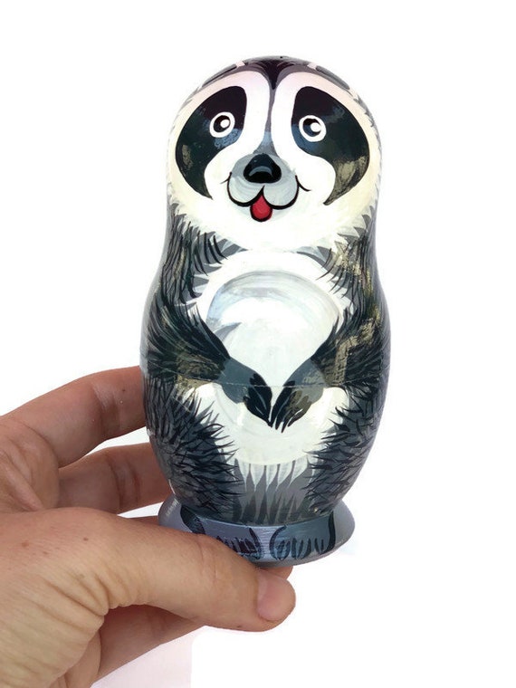 Set of 5 Raccoon Family Wooden Nesting Dolls 6 Inches 