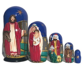 Hand Painted Nativity Nesting Dolls: 5 Piece Wooden Christmas Scene