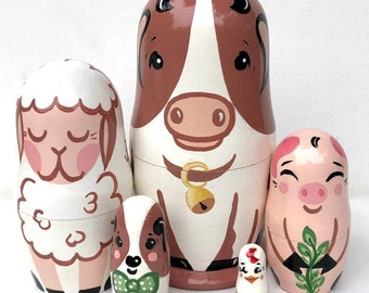 Farm Animals Nesting Dolls: Hand-Painted Wooden Stacking Toy